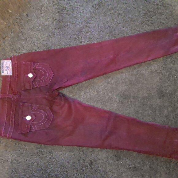 True Religion Women’s Size 28 Skinny Burgundy Super T Flap Pocket Jeans Y2K Vibe - Picture 1 of 5